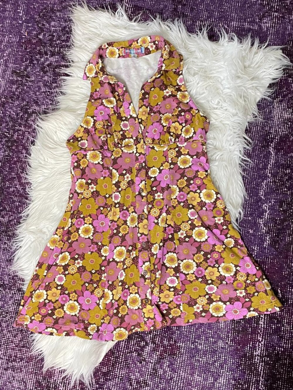 Urban Outfitters 60s inspired purple pink floral mini halter dress